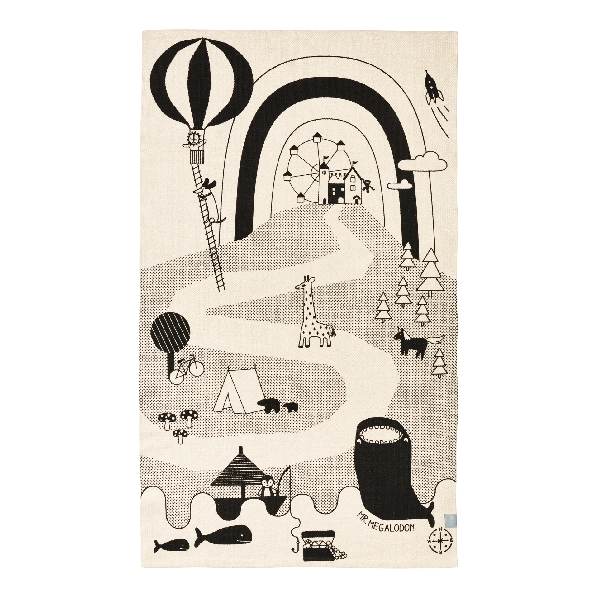 Mr. Megalodon Adventure vloerkleed 90x150 cm, Off white-zwart OYOY