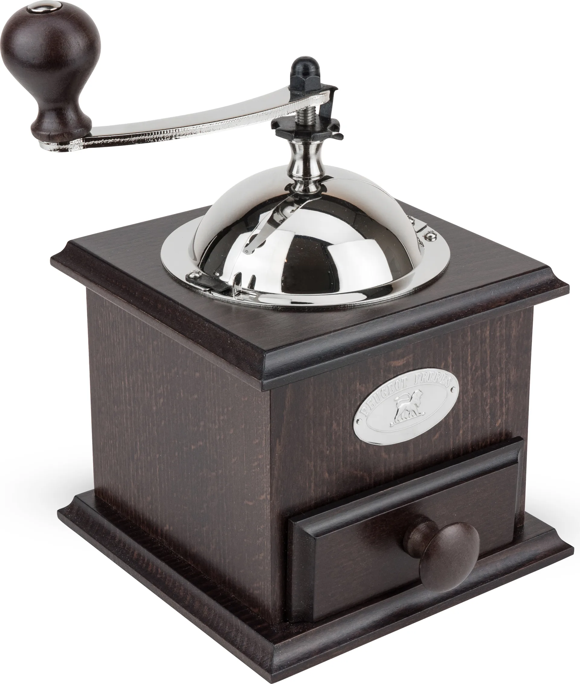 Nostalgi koffiemolen 13x13 cm, Walnotenhout Peugeot