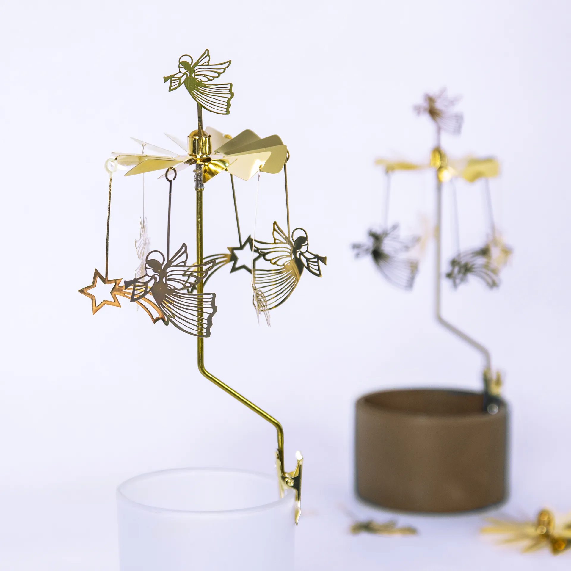 Draaiende waxinelichthouder clips engelen & sterren, Goud Pluto Design