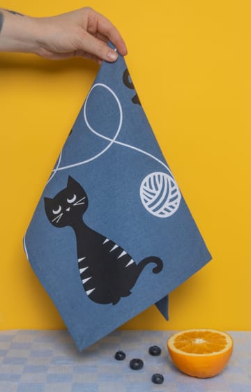 Kattenfamilie keukenhanddoek 50x70 cm - Blauw-zwart-wit - Pluto Design