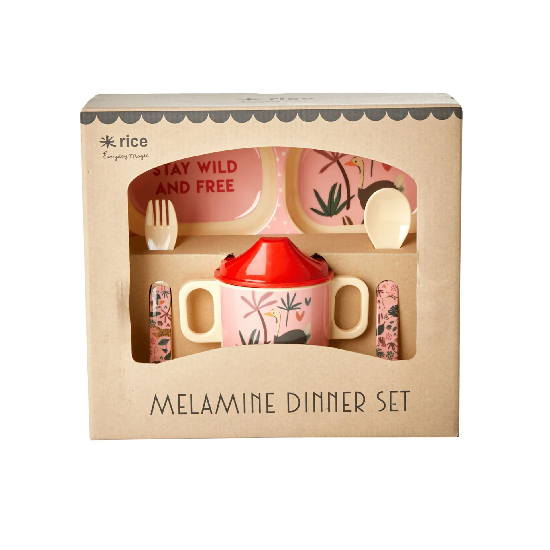 Rice kinderservies Jungle animals 4-delig, Rood-roze RICE