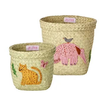 Rice raffia opbergmand rond 2-delig - Animal Embroidery-Pink-orange - RICE
