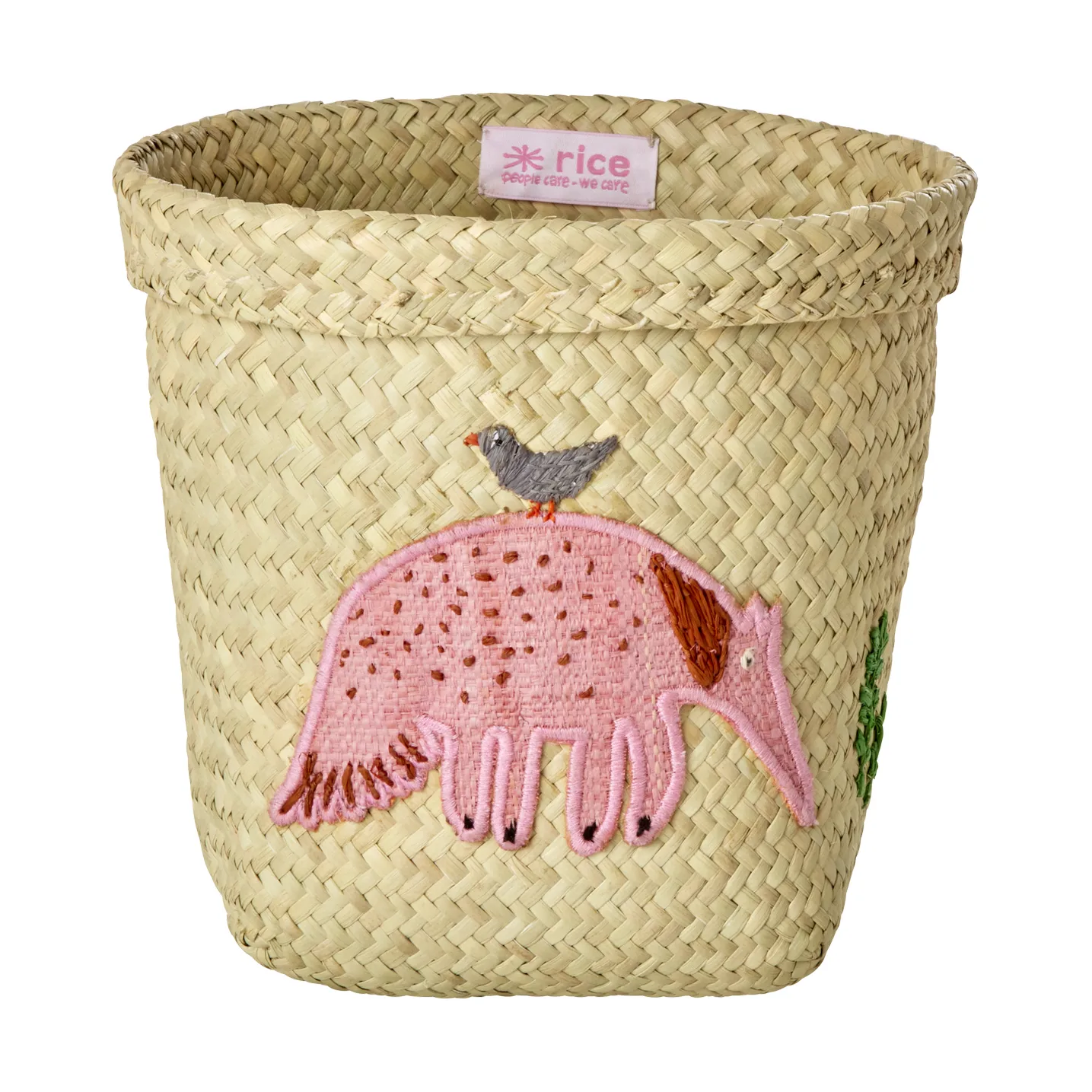 Rice raffia opbergmand rond 2-delig, Animal Embroidery-Pink-orange RICE