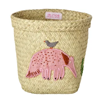 Rice raffia opbergmand rond 2-delig - Animal Embroidery-Pink-orange - RICE