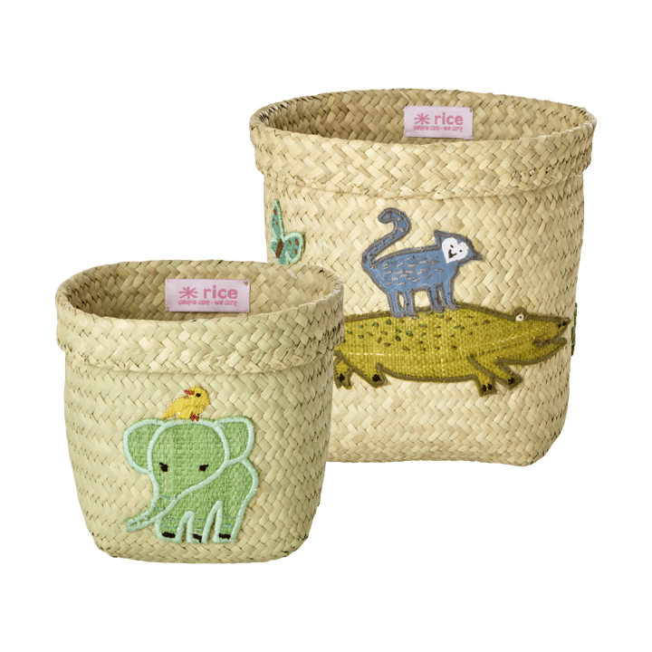 Rijst raffia opbergmand rond 2 delen - Animal Embroidery-Green-blue - RICE