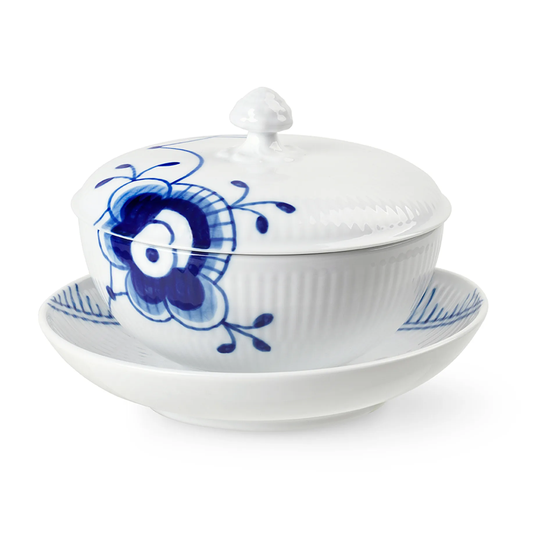 Blue Fluted Mega schaal met deksel en schotel, 38 cl Royal Copenhagen