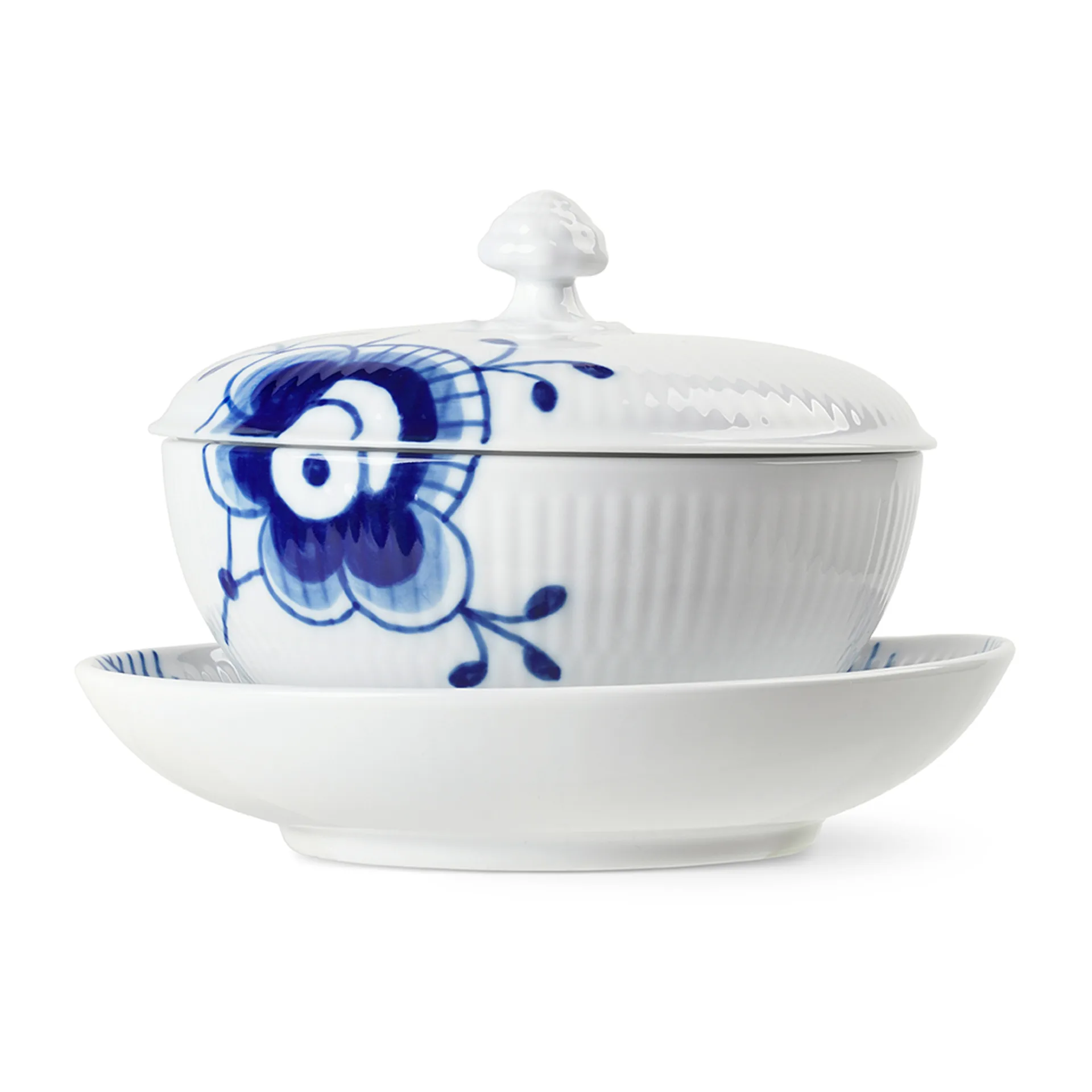 Blue Fluted Mega schaal met deksel en schotel, 38 cl Royal Copenhagen