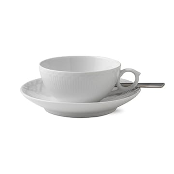 White Fluted Half Lace theekop met schotel - 20 cl. - Royal Copenhagen