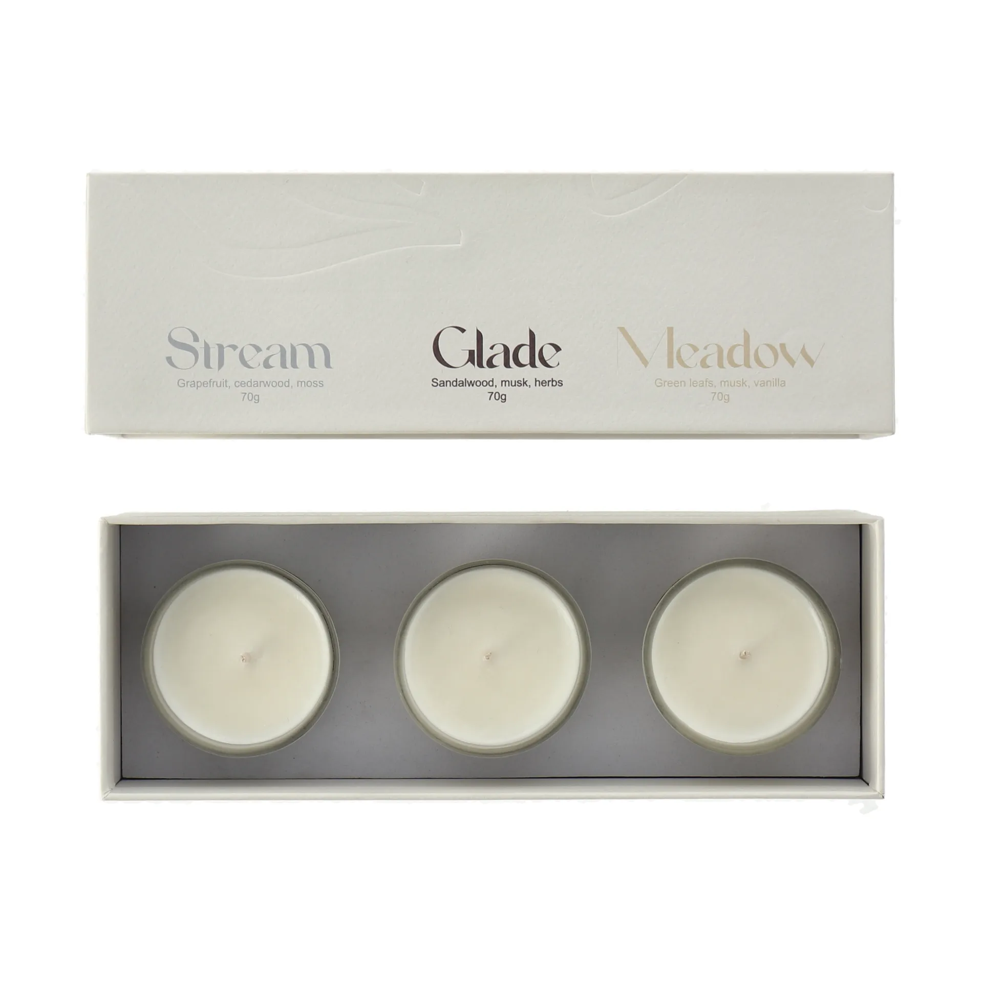 Cadeauverpakking geurkaars 70g 3-pack, Stream/Glade/Meadow Scandi Living