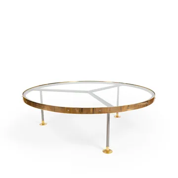 Salontafel 14 - glas, gelakt stalen onderstel, messing schijf - Scherlin