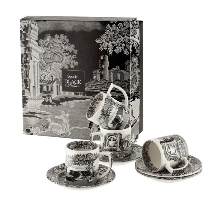 Black Italian espressokop met schotel 4-pack, 9 cl Spode