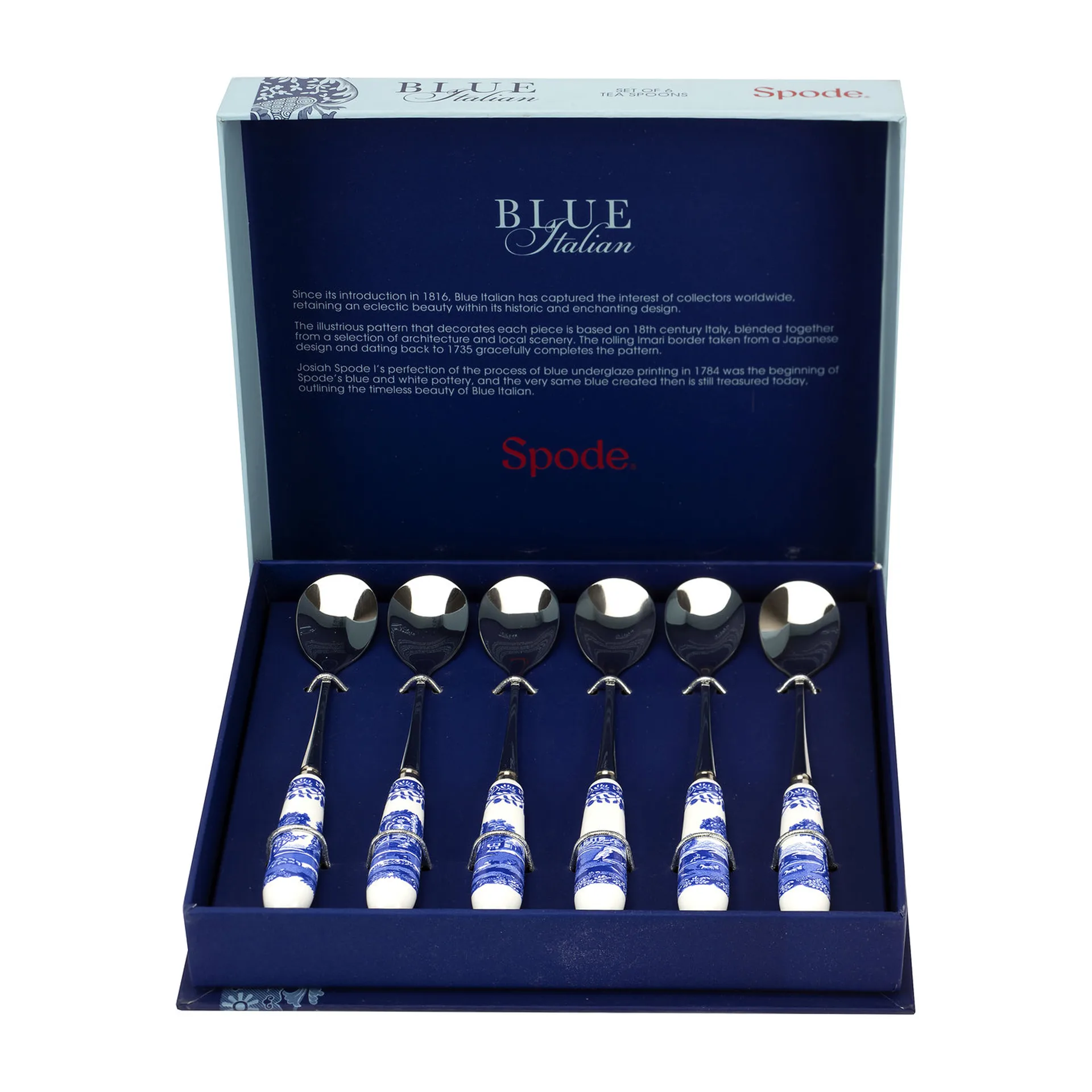 Blue Italian theelepel 6-pack, Keramiek-roestvij staal Spode