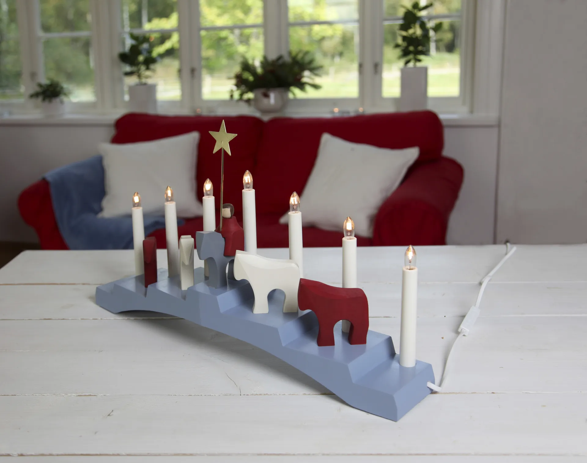 Staffans fålar adventskandelaar 7 lampjes, Blauw Star Trading