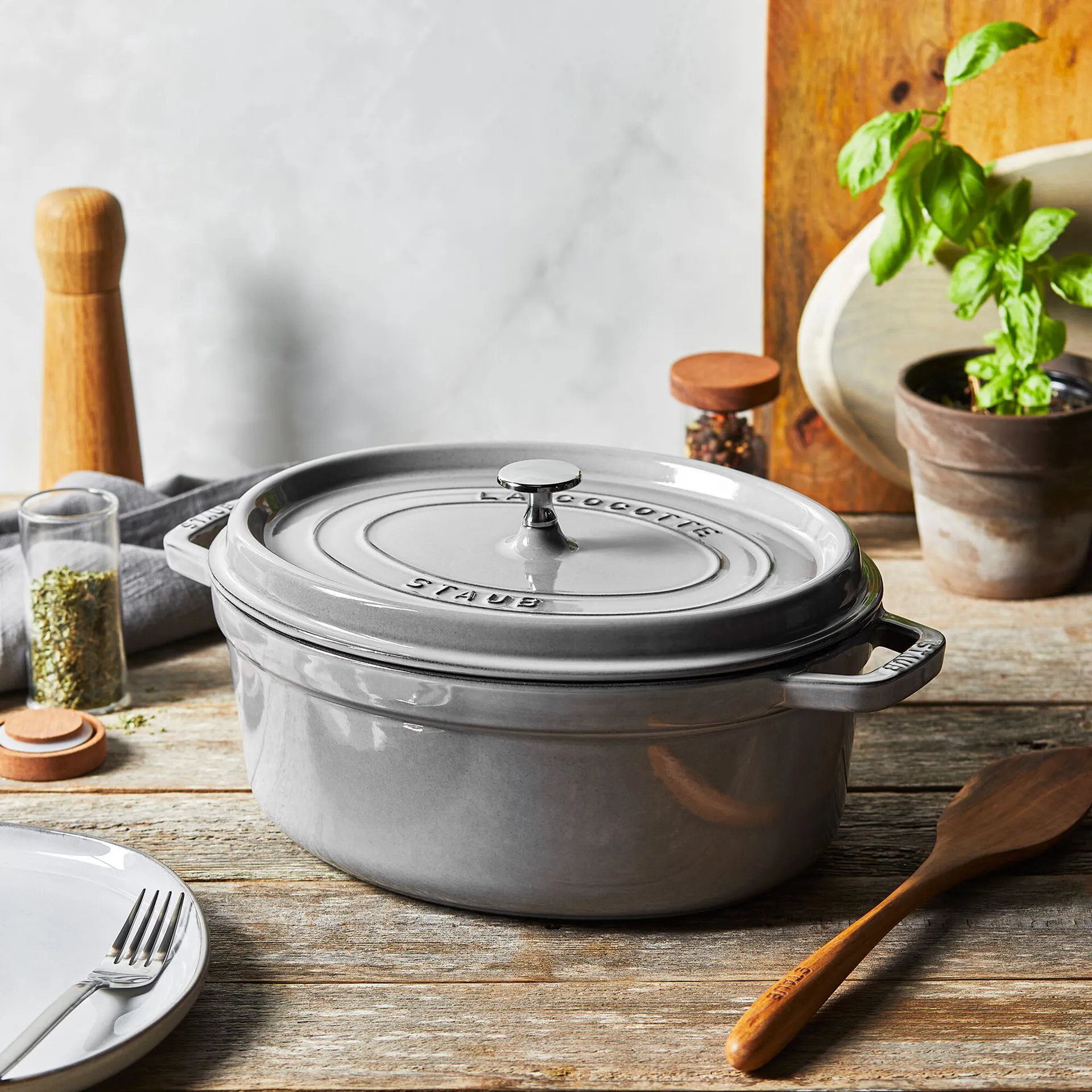Staub La Cocotte ovale pan gietijzer 2,35 L, Grafietgrijs STAUB