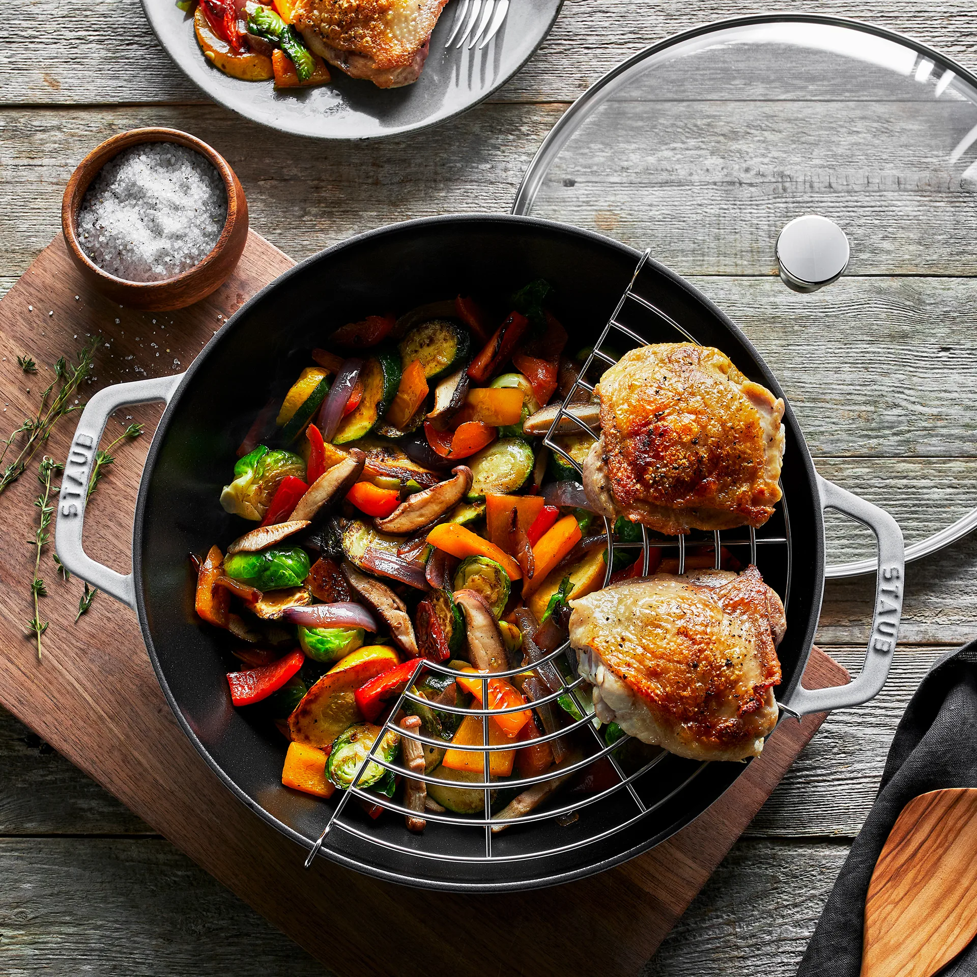 Staub wokpan gietijzer met glazen deksel Ø30 cm, White truffel STAUB