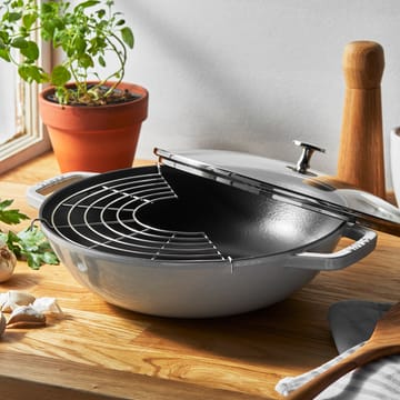 Staub wokpan gietijzer met glazen deksel Ø30 cm - White truffel - STAUB