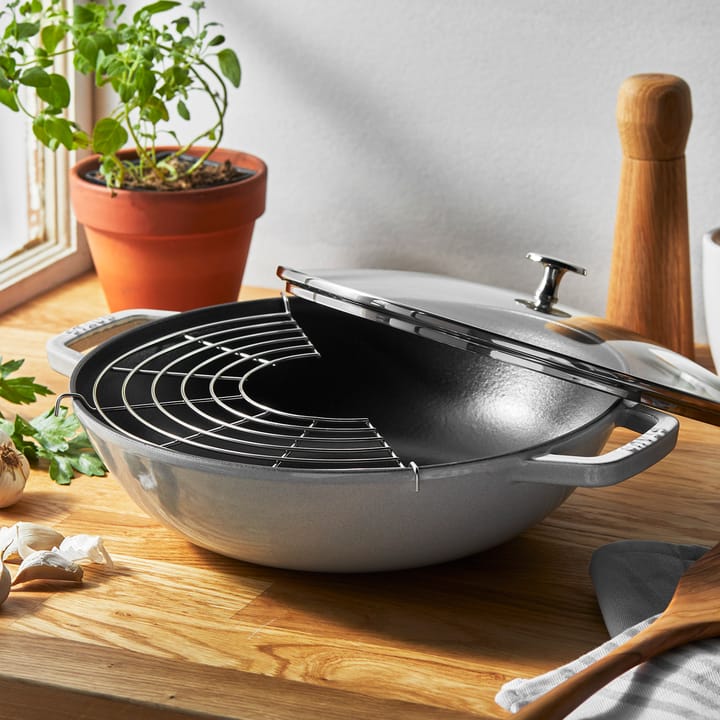 Staub wokpan gietijzer met glazen deksel Ø30 cm, White truffel STAUB