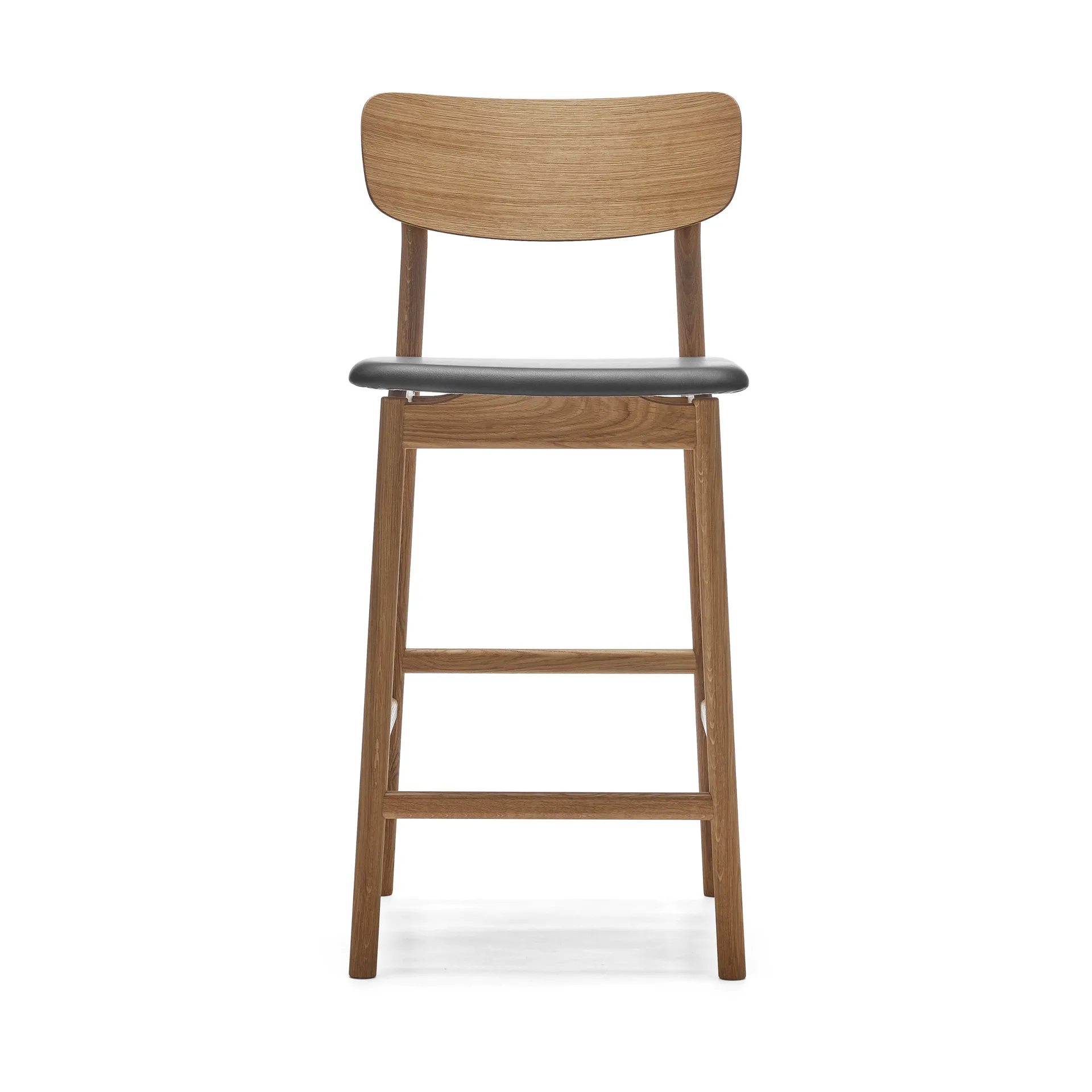 Prima Vista barkruk, leer Elmosoft zwart, naturel geolied eikenhouten onderstel, 65 cm Stolab
