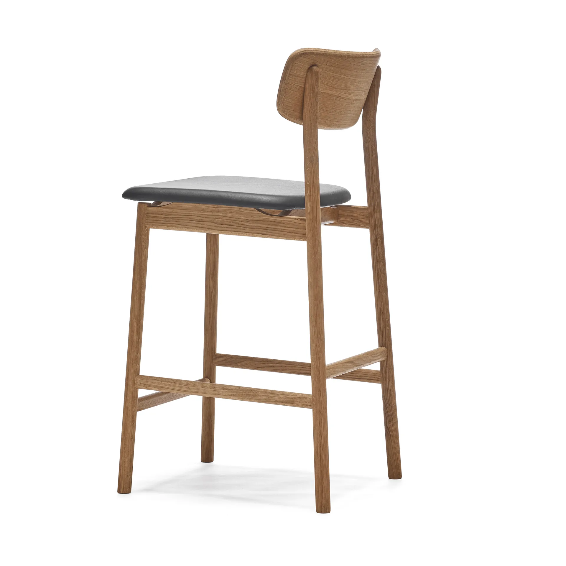 Prima Vista barkruk, leer Elmosoft zwart, naturel geolied eikenhouten onderstel, 65 cm Stolab
