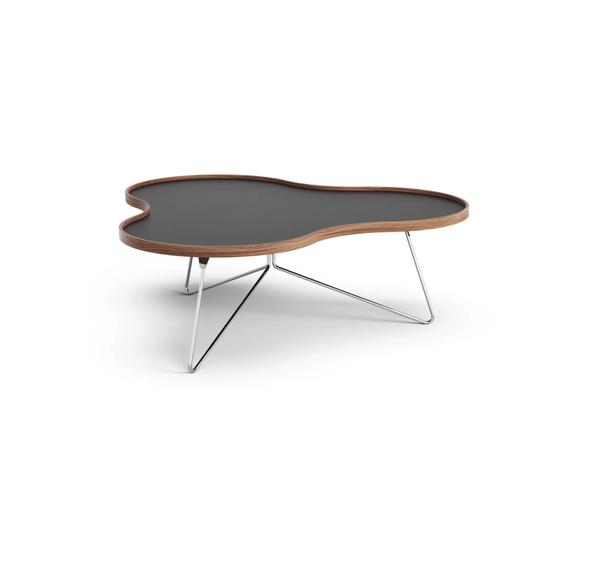 Flower tafel 107 x 114cm, zwart, 39cm, walnoothouten rand, verchroomd onderstel Swedese