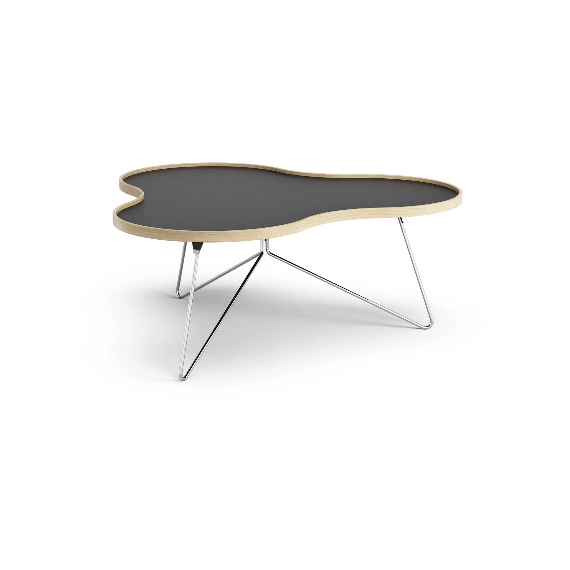 Flower tafel 107 x 114cm, zwart, 45cm, eikenhouten rand, verchroomd onderstel Swedese