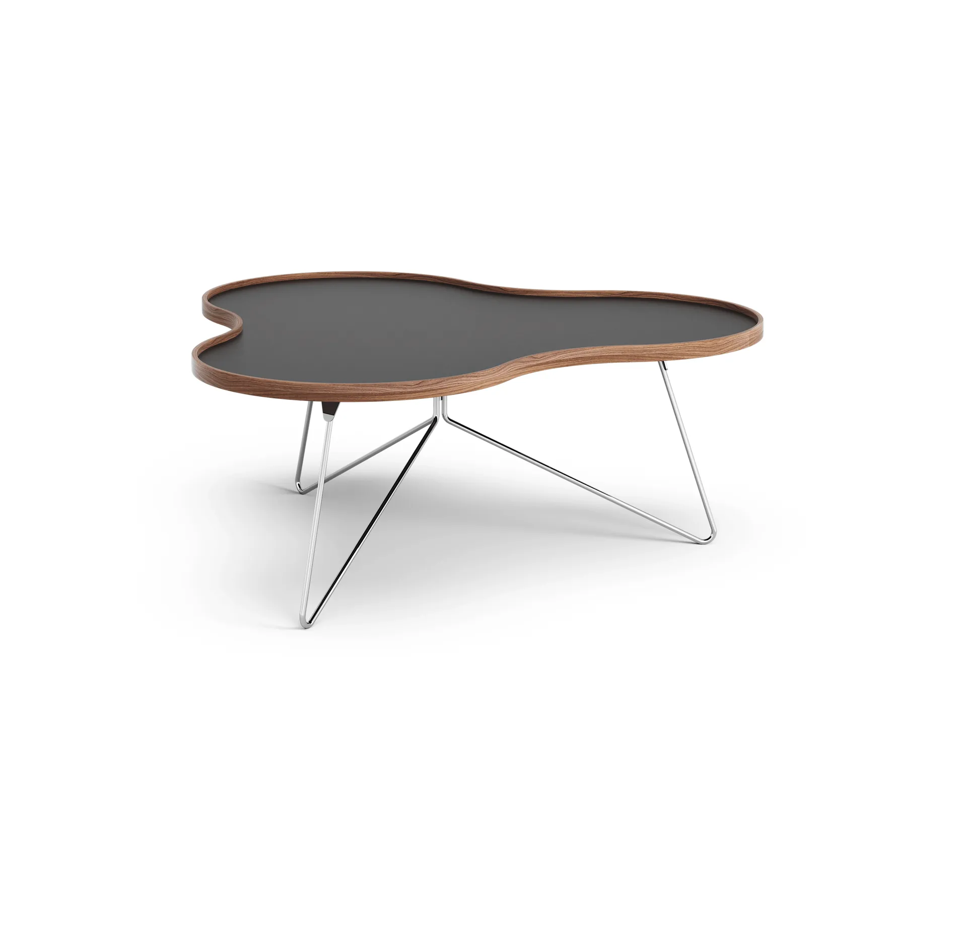 Flower tafel 107 x 114cm, zwart, 45cm, walnoothouten rand, verchroomd onderstel Swedese
