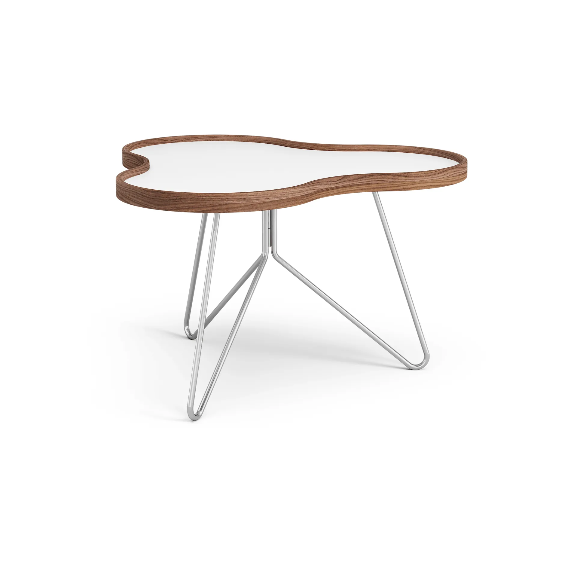 Flower tafel 62 x 66cm, wit, 39cm, walnoothouten rand, verchroomd onderstel Swedese