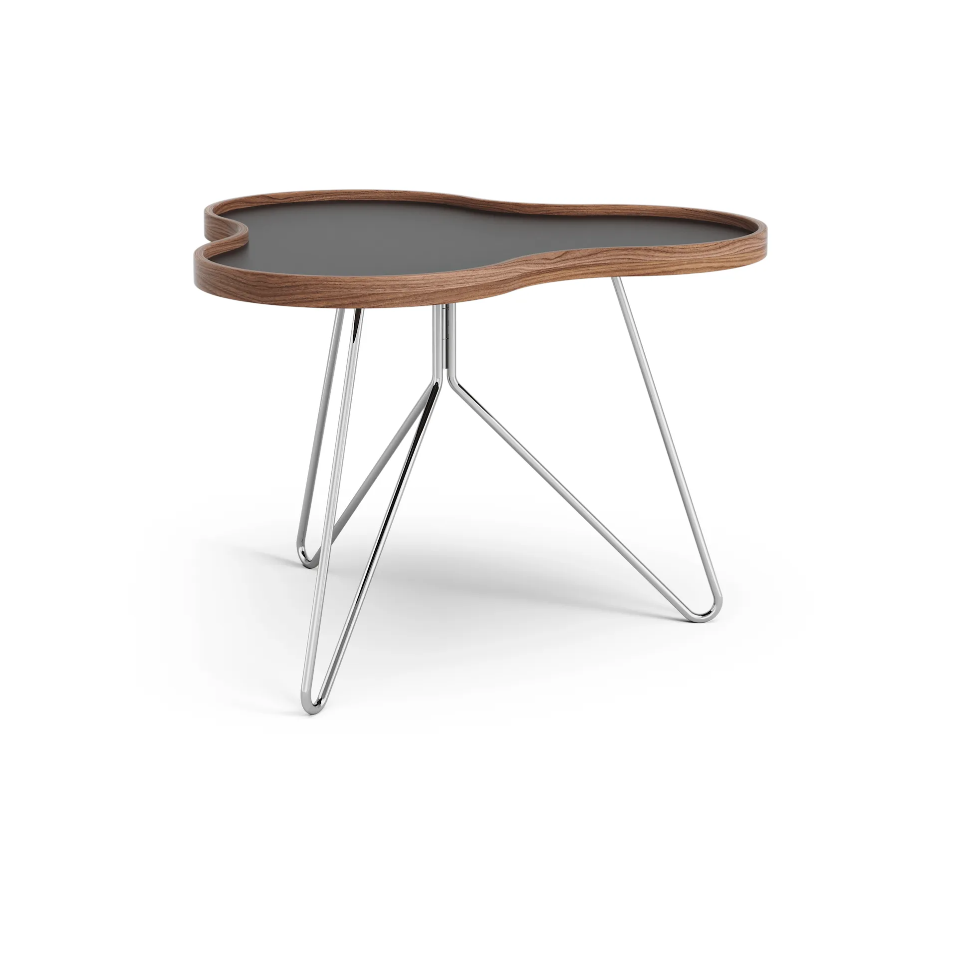 Flower tafel 62 x 66cm, zwart, 45cm, walnoothouten rand, verchroomd onderstel Swedese