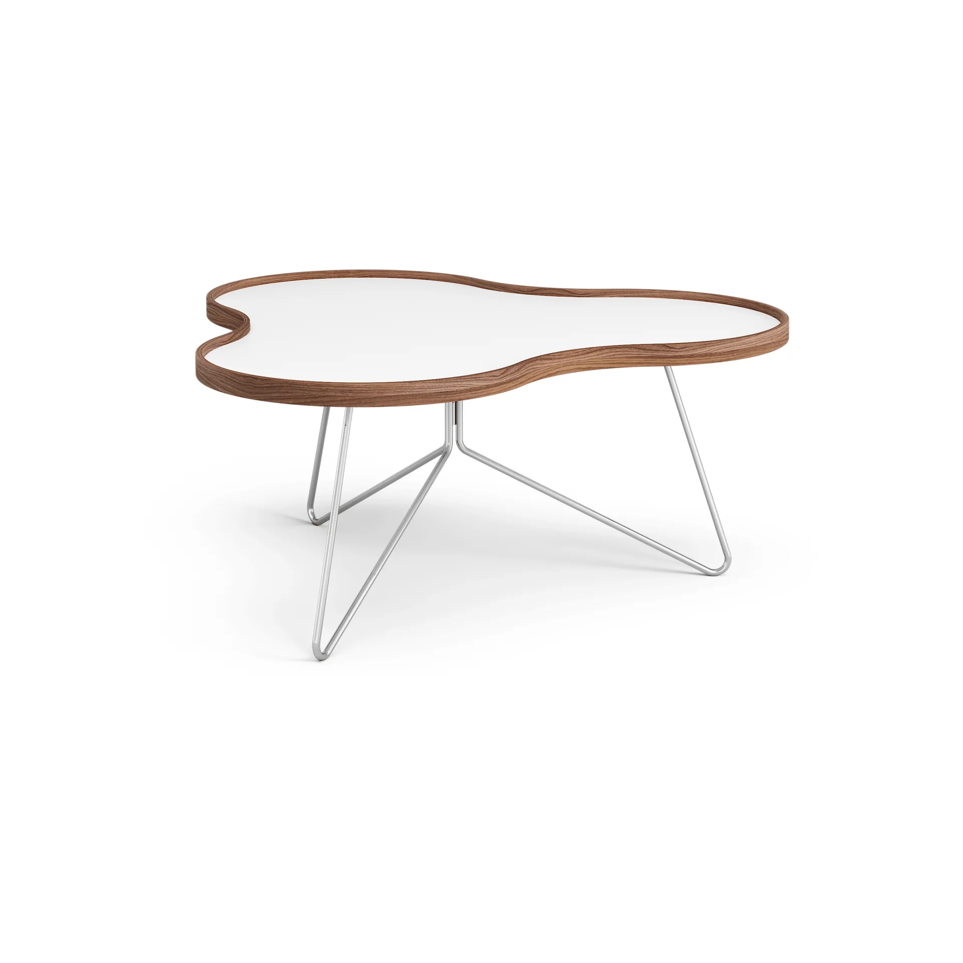 Flower tafel 84 x 90cm, wit, 39cm, walnoothouten rand, verchroomd onderstel Swedese