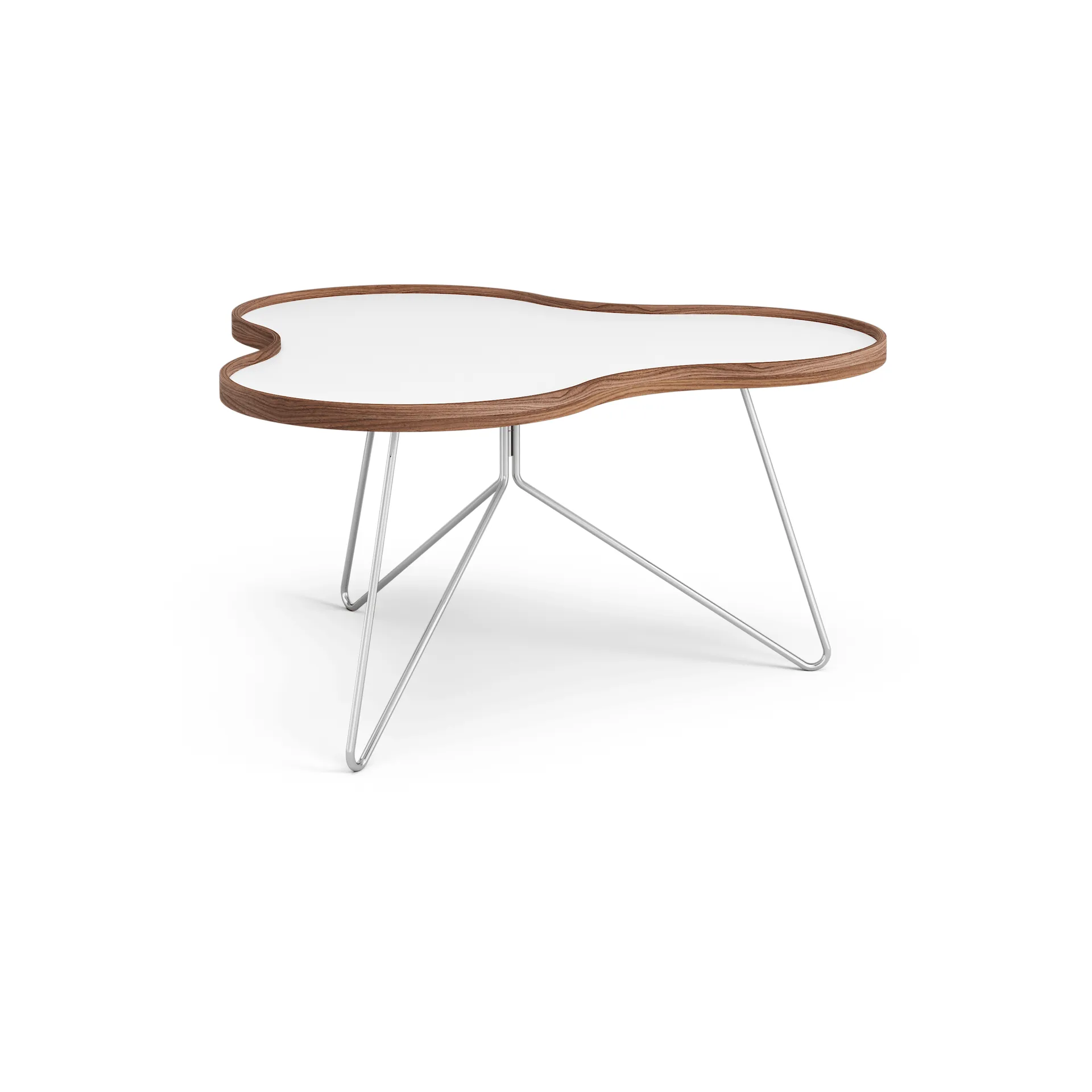 Flower tafel 84 x 90cm, wit, 45cm, walnoothouten rand, verchroomd onderstel Swedese