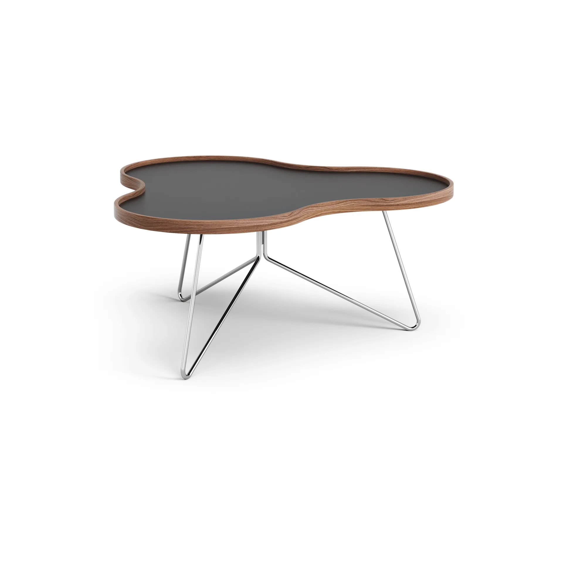 Flower tafel 84 x 90cm, zwart, 39cm, walnoothouten rand, verchroomd onderstel Swedese