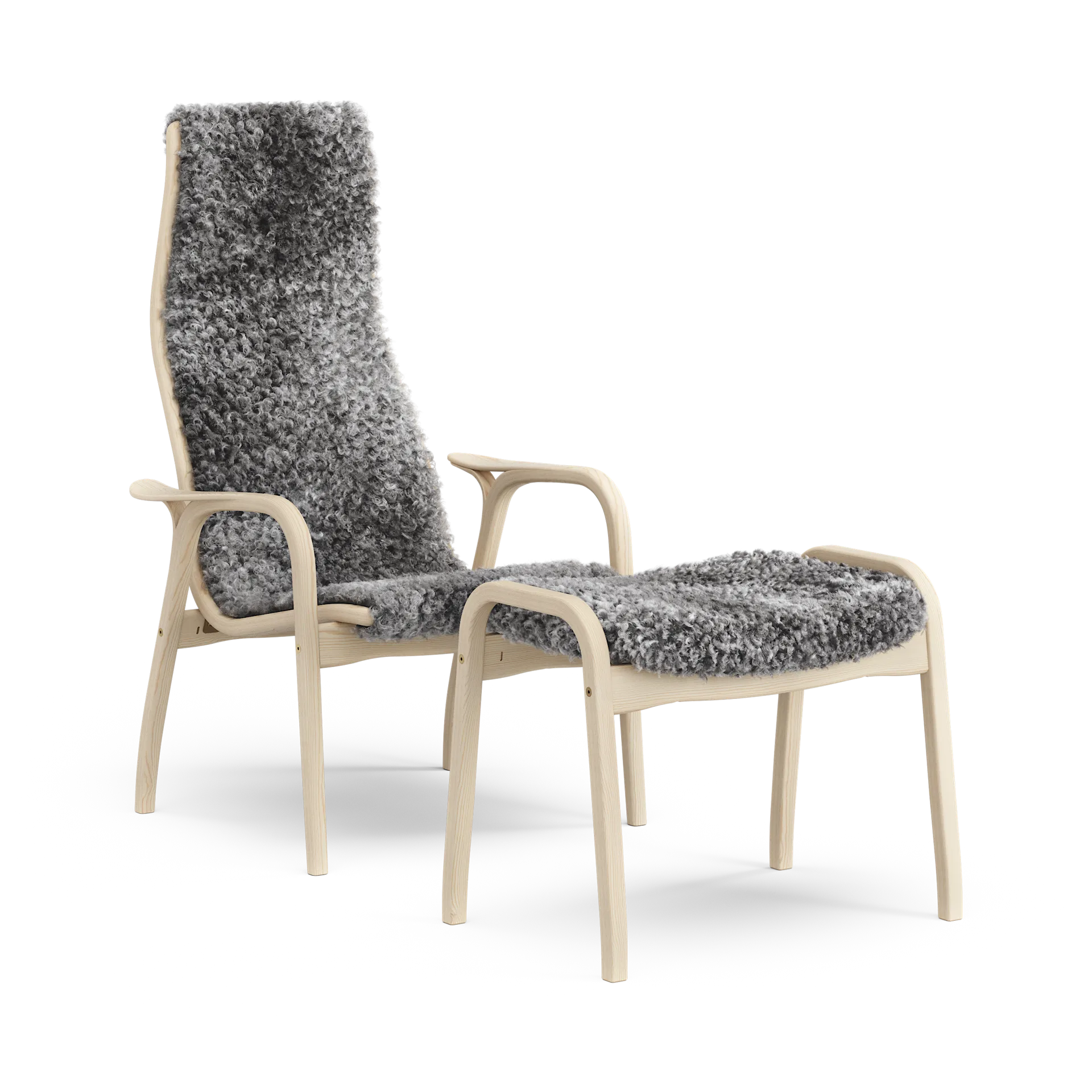Lamino Anniversary Edition fauteuil en voetenbankje, Witte den-Gotland schapenvacht Swedese