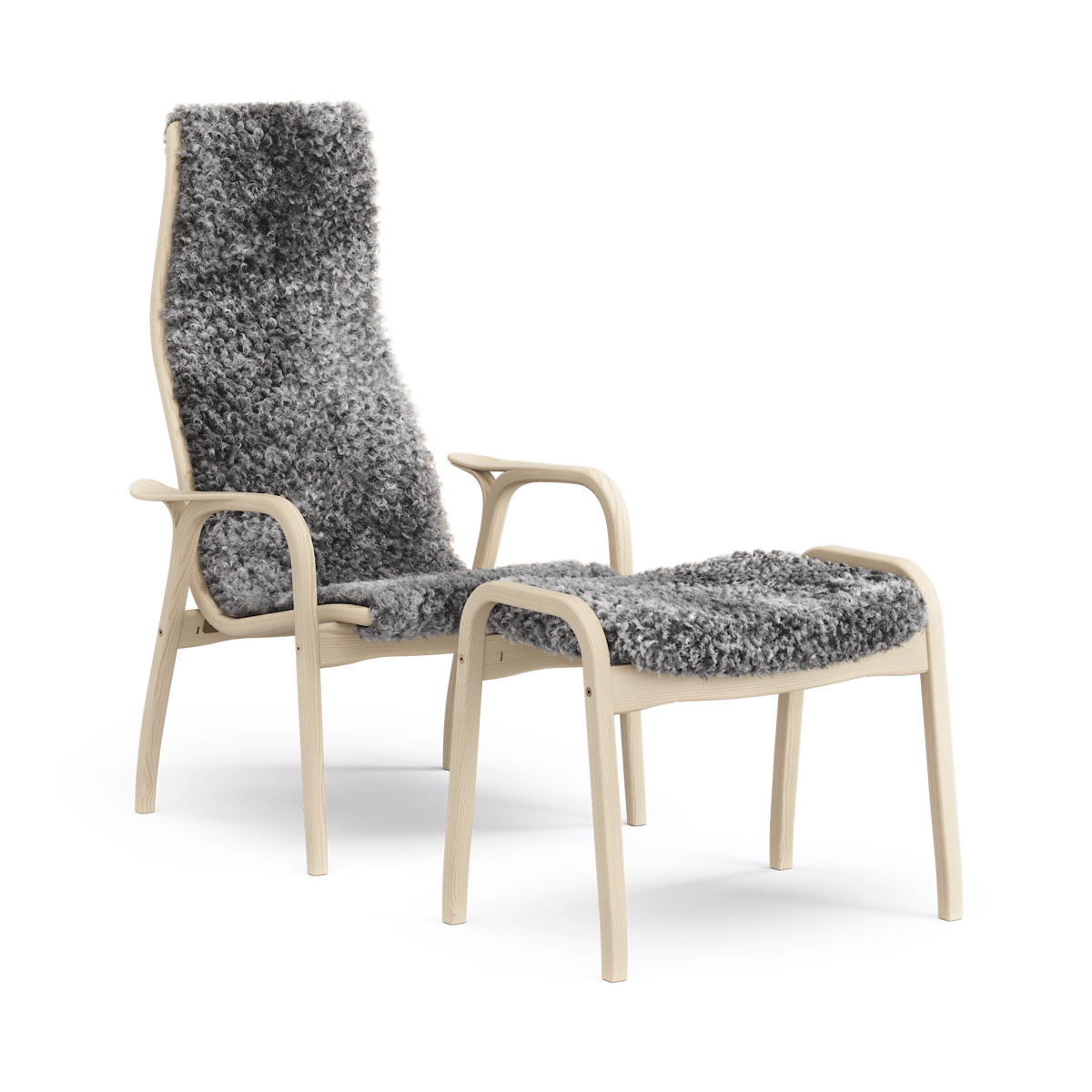 Swedese Lamino Anniversary Edition fauteuil en voetenbankje Witte den-Gotland schapenvacht