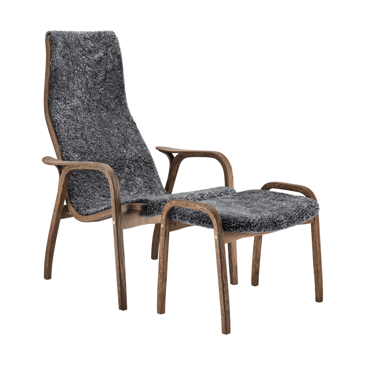 Swedese Lamino fauteuil en voetenbank eik/schapenvacht Special Edition Rubio Monocoat Chocolate-Charcoal