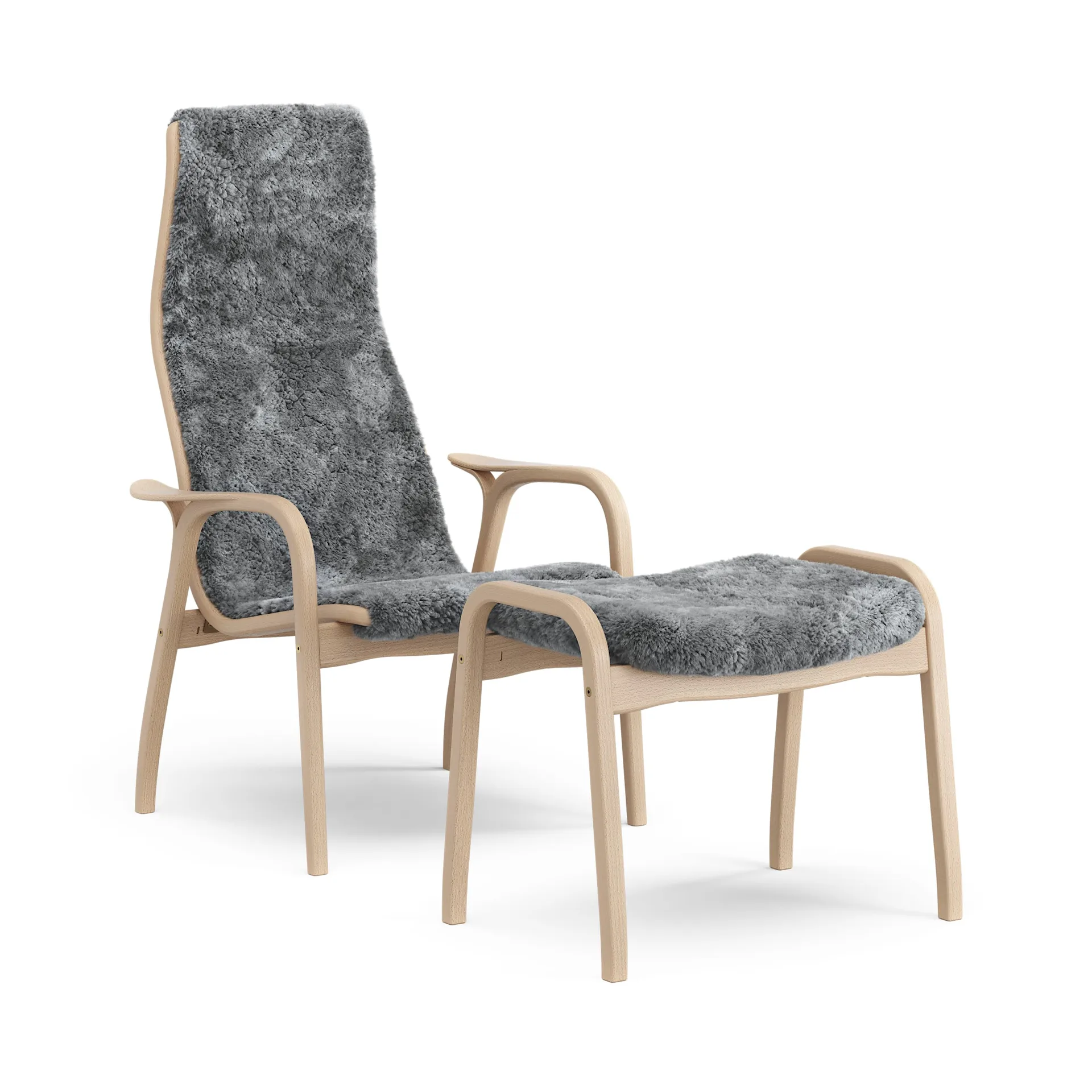 Swedese Lamino fauteuil en voetenbank gelakt beuken/schapenvacht Scandinavian Grey (grijs)