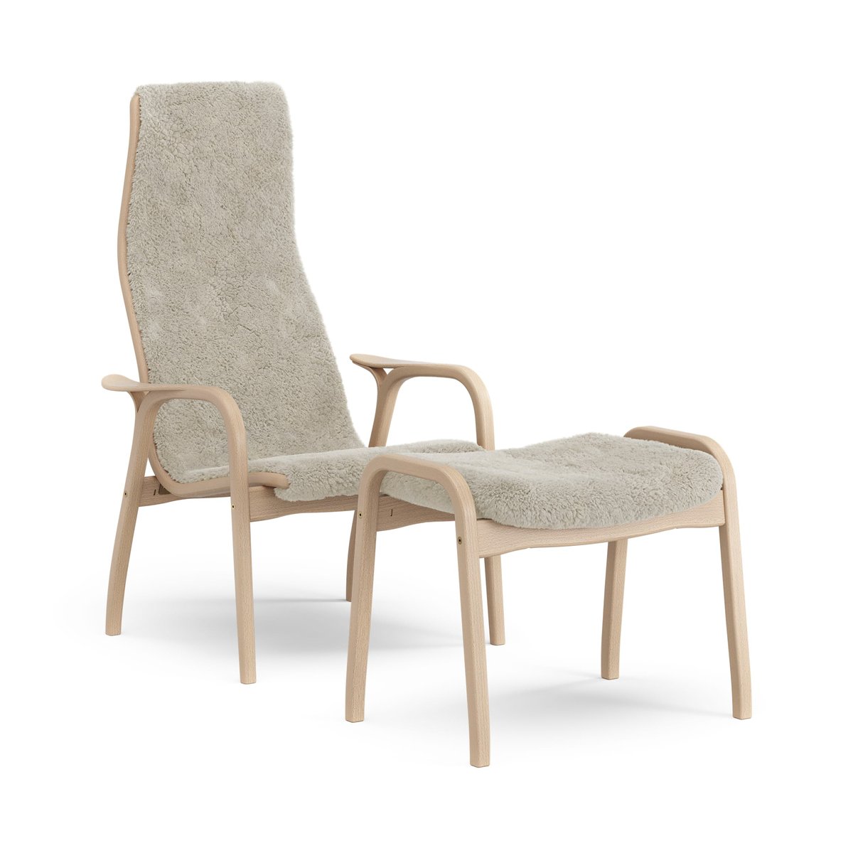 Swedese Lamino fauteuil en voetenbankje gelakt beuken/schapenvacht Moonlight (beige)