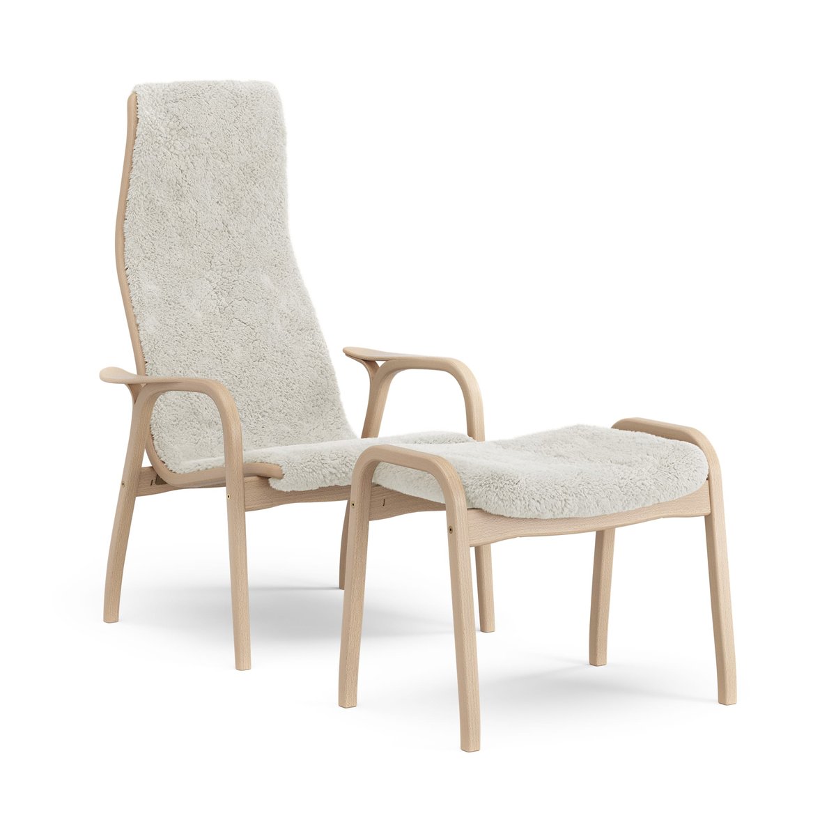 Swedese Lamino fauteuil en voetenbankje gelakt beuken/schapenvacht Offwhite (wit)
