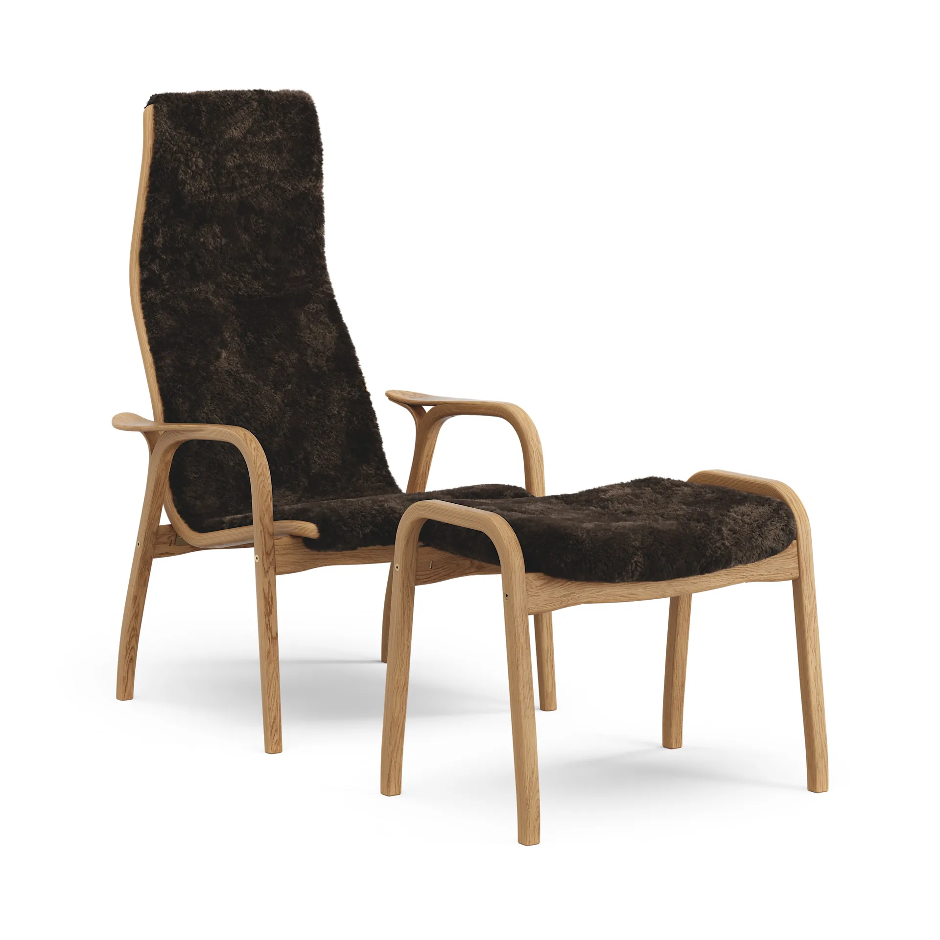 Lamino fauteuil en voetenbankje geolied eiken/schapenvacht, Espresso (bruin) Swedese