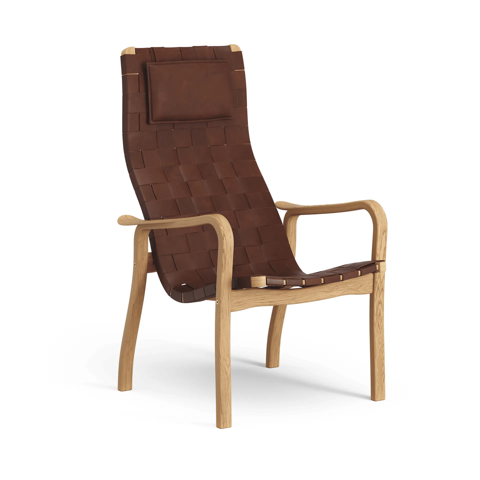 Primo fauteuil hoog met nekkussen geolied eikenhout, Leren banden bruinrood Swedese