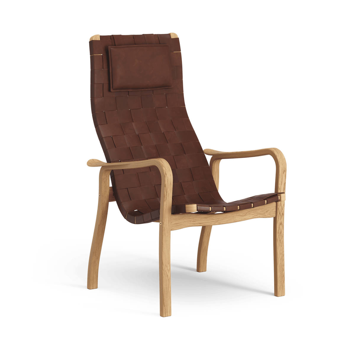 Swedese Primo fauteuil hoog met nekkussen geolied eikenhout Leren banden bruinrood