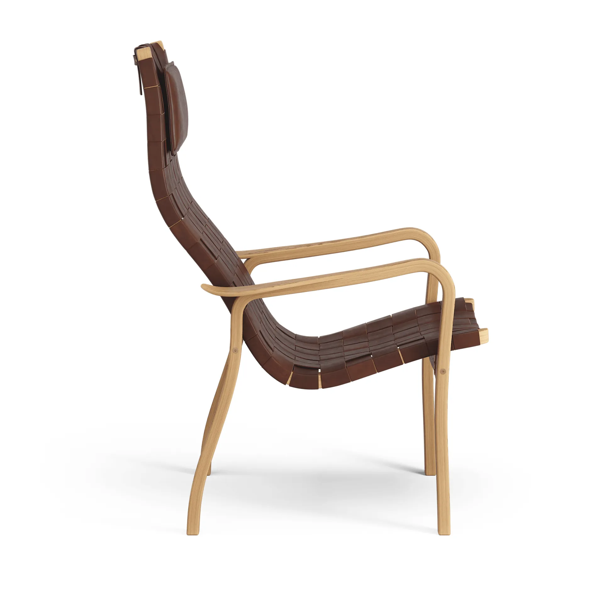 Primo fauteuil hoog met nekkussen geolied eikenhout, Leren banden bruinrood Swedese