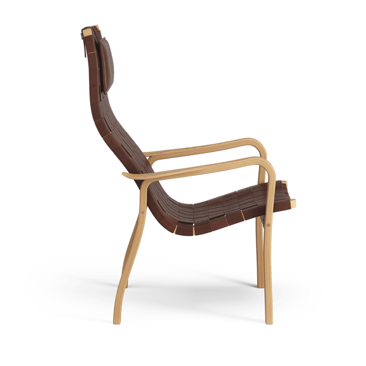 Primo fauteuil hoog met nekkussen geolied eikenhout, Leren banden bruinrood Swedese