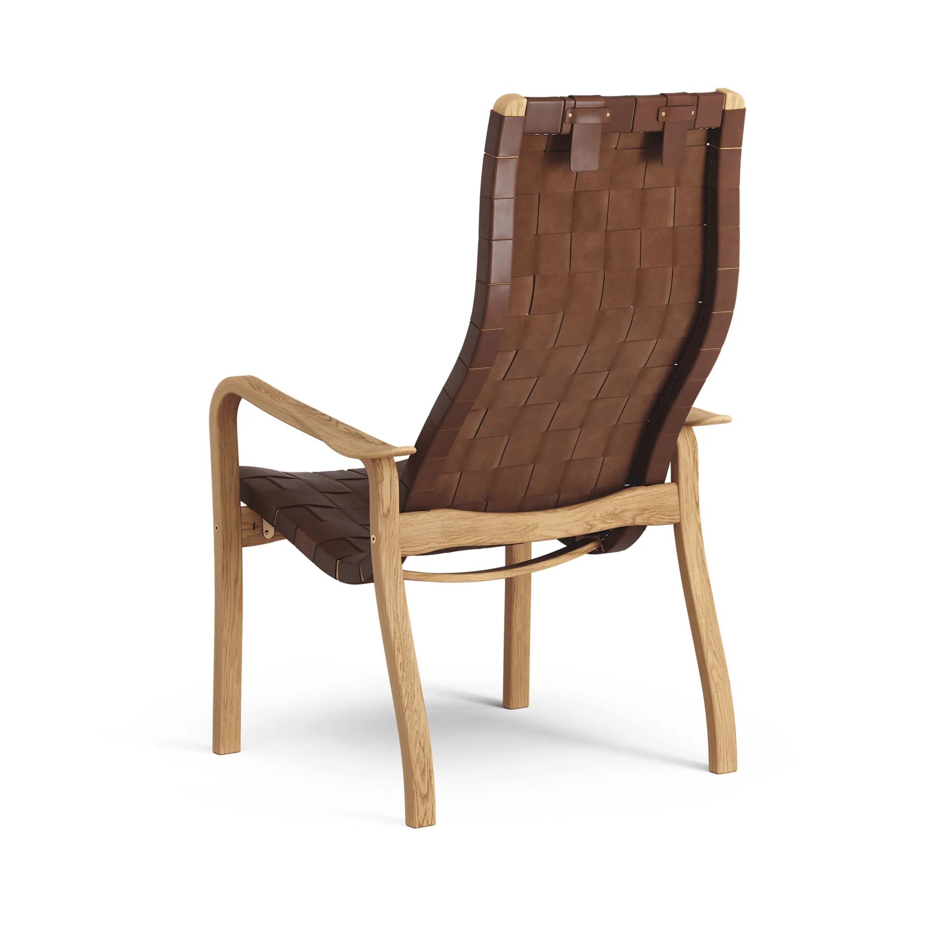Primo fauteuil hoog met nekkussen geolied eikenhout, Leren banden bruinrood Swedese