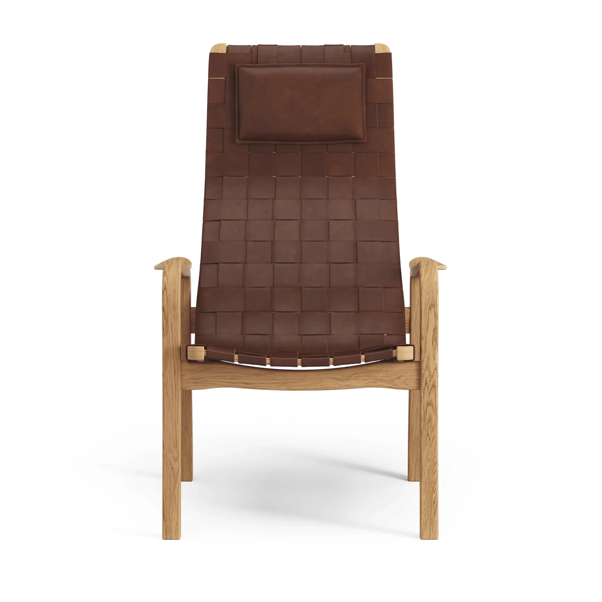 Primo fauteuil hoog met nekkussen geolied eikenhout, Leren banden bruinrood Swedese