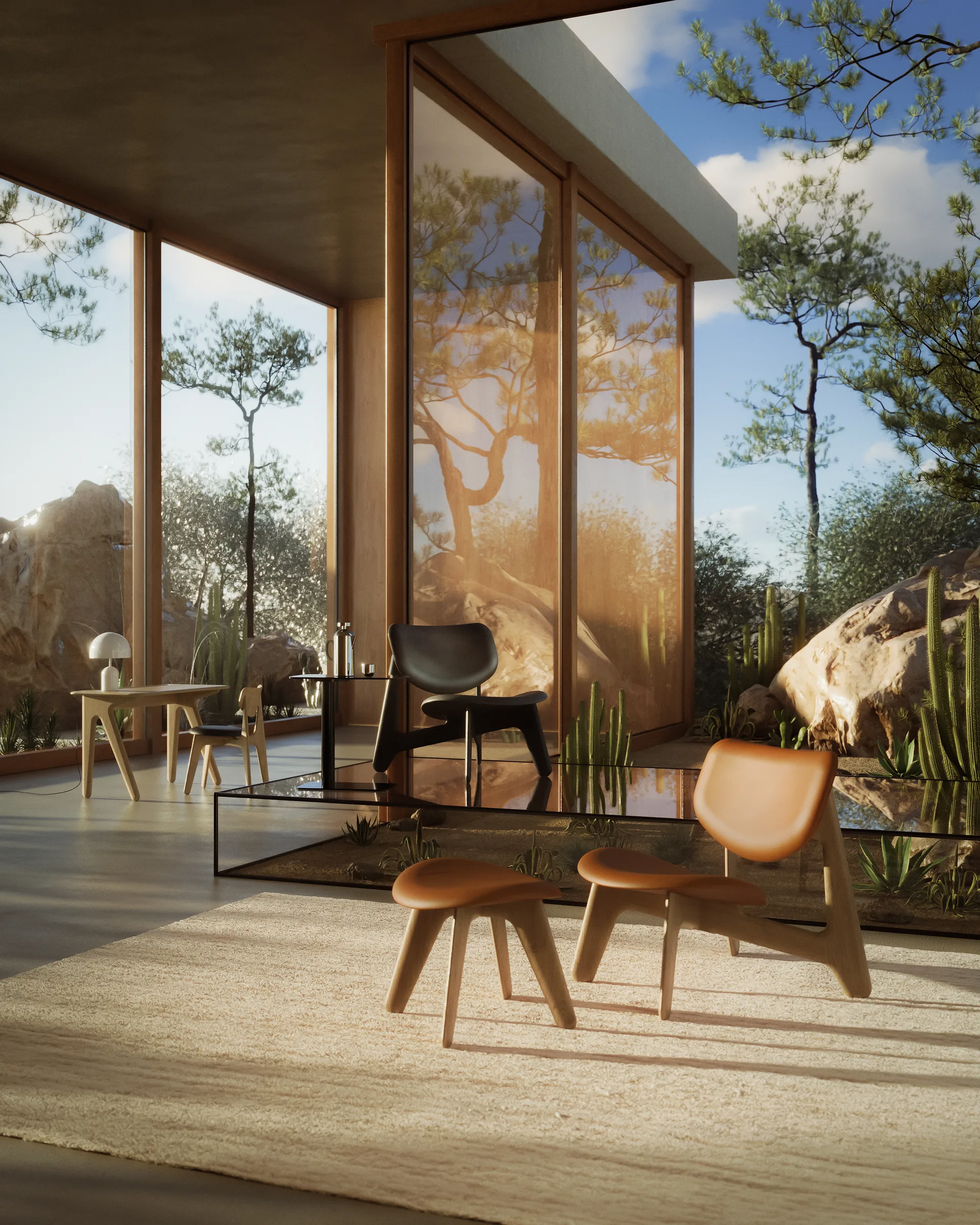 Slab loungestoel gestoffeerde zitting, Natuurlijk eiken-cognacleer Tom Dixon