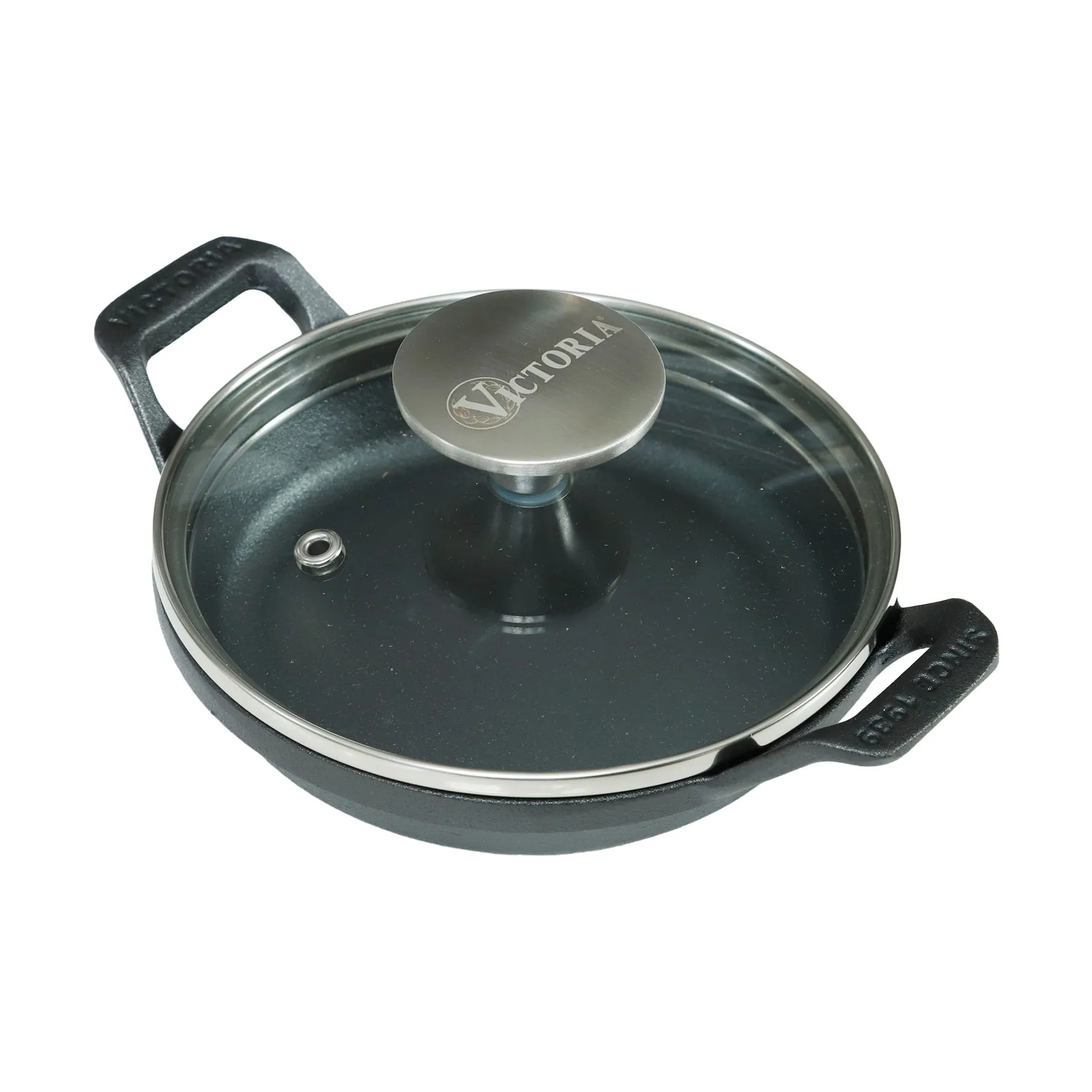 mini ronde gietijzeren braadpan met glazen deksel, geëmailleerd, Ø14 cm Victoria