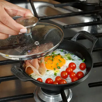 mini ronde gietijzeren braadpan met glazen deksel, geëmailleerd - Ø14 cm - Victoria