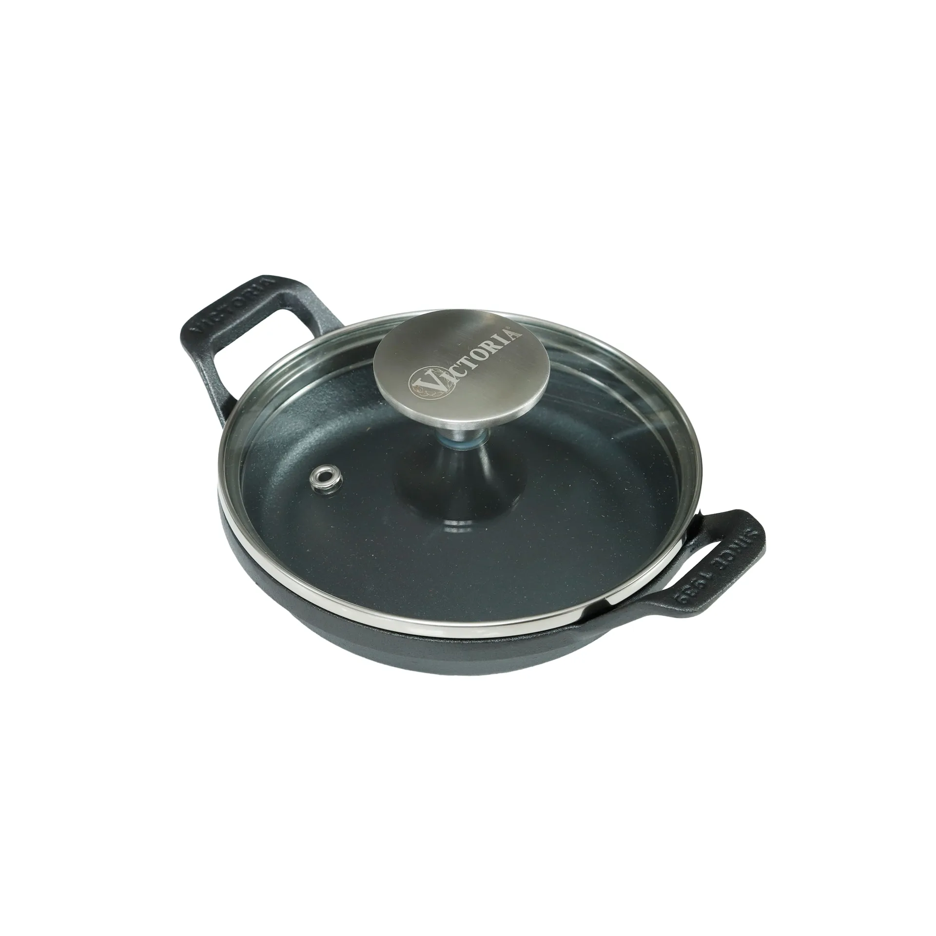 mini ronde gietijzeren braadpan met glazen deksel, pre-seasoned, Ø14 cm Victoria