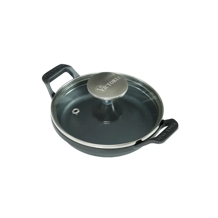 mini ronde gietijzeren braadpan met glazen deksel, pre-seasoned - Ø14 cm - Victoria