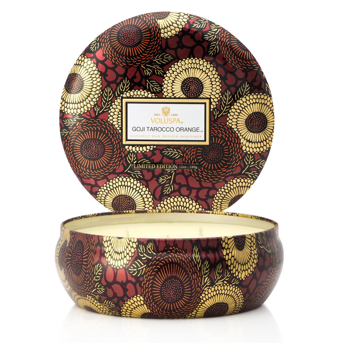 Voluspa 3-wick in a tin kaars 60 uur Goji & Tarocco Orange